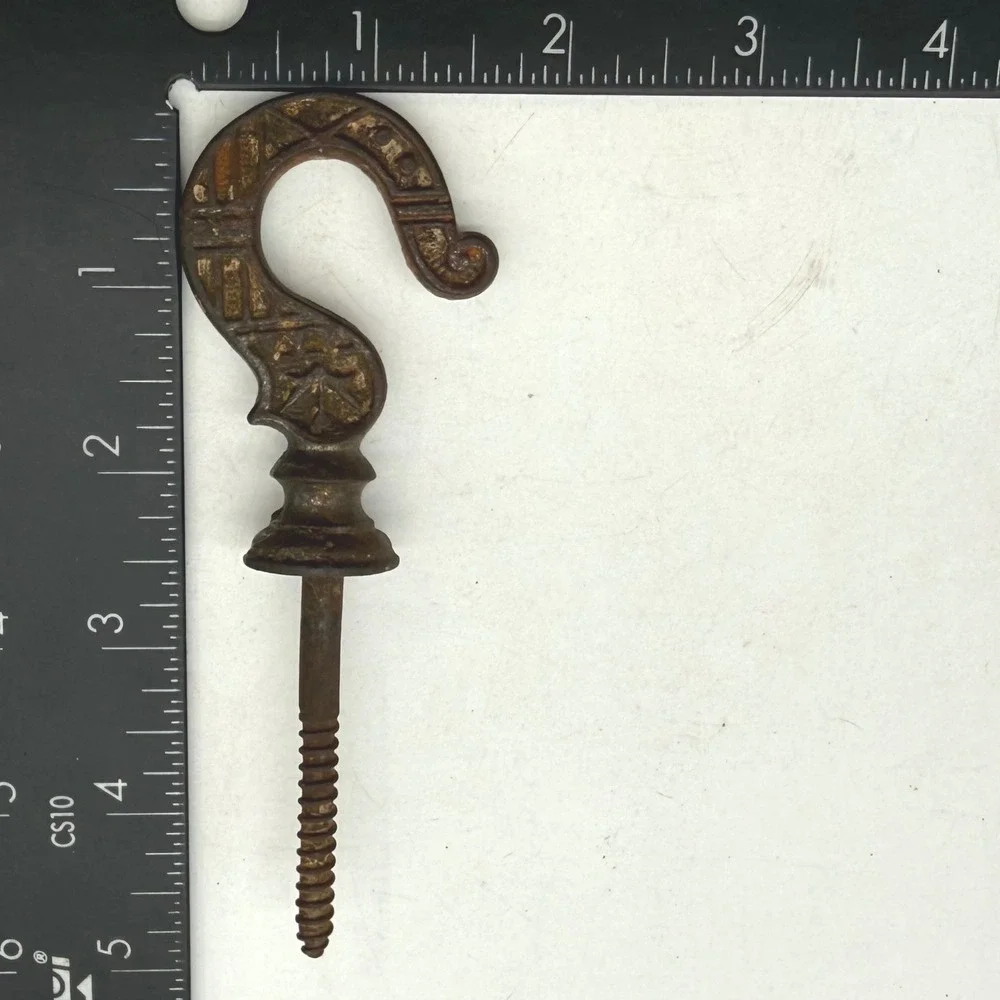 Antique Victorian Cast Iron Screw In Hook Geometric Relief Pattern Rusted Patina
